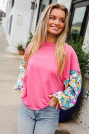 Lock Eyes Pink & Floral Bubble Sleeve French Terry Pullover | Daverri Fashions