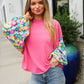 Lock Eyes Pink & Floral Bubble Sleeve French Terry Pullover - DAVERRI FASHIONS