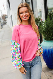 Lock Eyes Pink & Floral Bubble Sleeve French Terry Pullover | Daverri Fashions