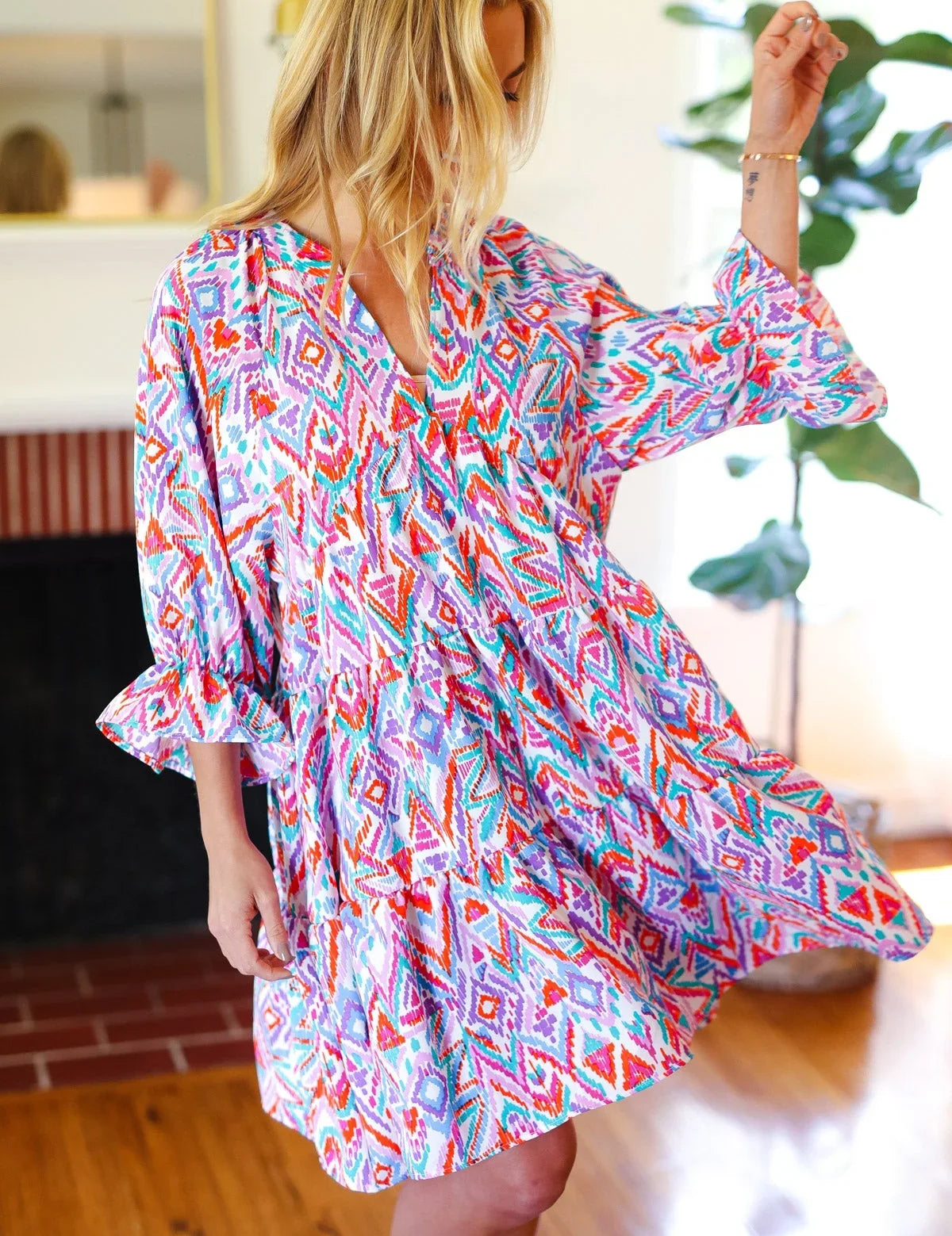 Love Found Blue & Lavender Ikat Print V Neck Dress | 2024 Summer Blow Out Sale Daverri Fashions