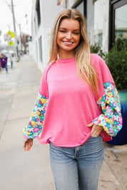 Lock Eyes Pink & Floral Bubble Sleeve French Terry Pullover | Daverri Fashions