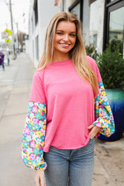 Lock Eyes Pink & Floral Bubble Sleeve French Terry Pullover | Daverri Fashions
