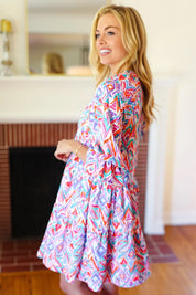 Love Found Blue & Lavender Ikat Print V Neck Dress | 2024 Summer Blow Out Sale Daverri Fashions