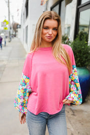Lock Eyes Pink & Floral Bubble Sleeve French Terry Pullover | Daverri Fashions