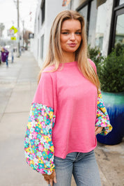 Lock Eyes Pink & Floral Bubble Sleeve French Terry Pullover | Daverri Fashions