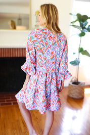 Love Found Blue & Lavender Ikat Print V Neck Dress | 2024 Summer Blow Out Sale Daverri Fashions