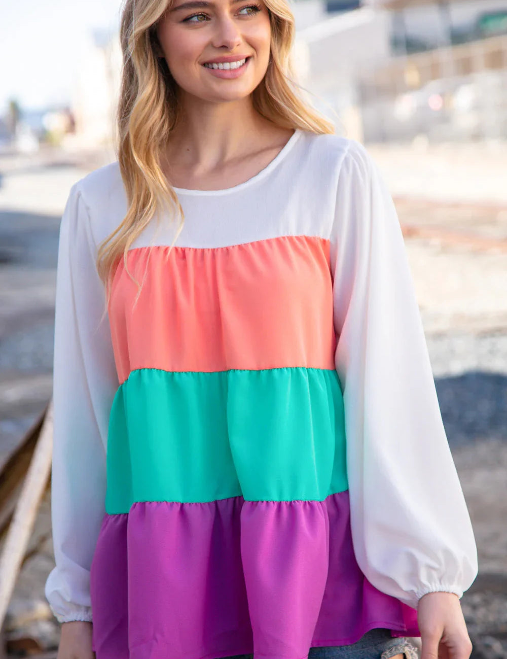 Ivory & Peach Woven Crepe Tiered Blouse | Daverri Fashions