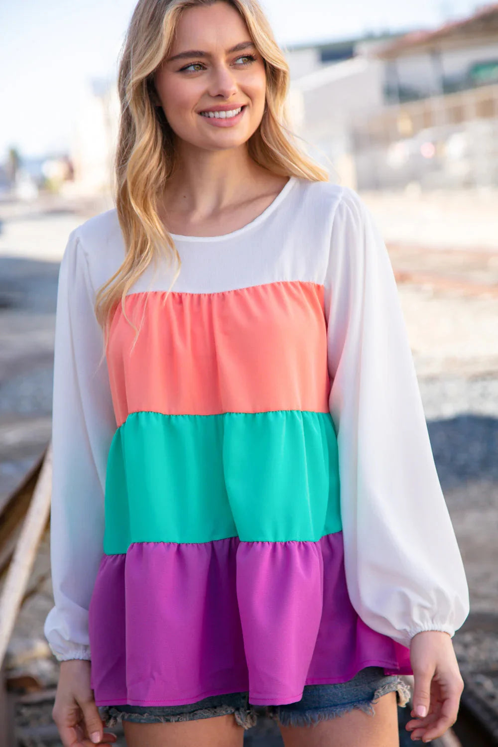 Ivory & Peach Woven Crepe Tiered Blouse | Daverri Fashions