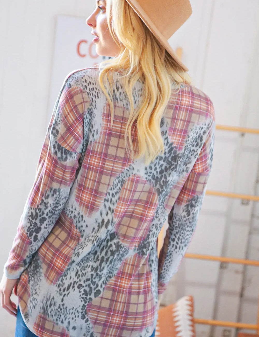 Taupe Leopard Plaid Rib Knit Round Neck Pullover | Daverri Fashions