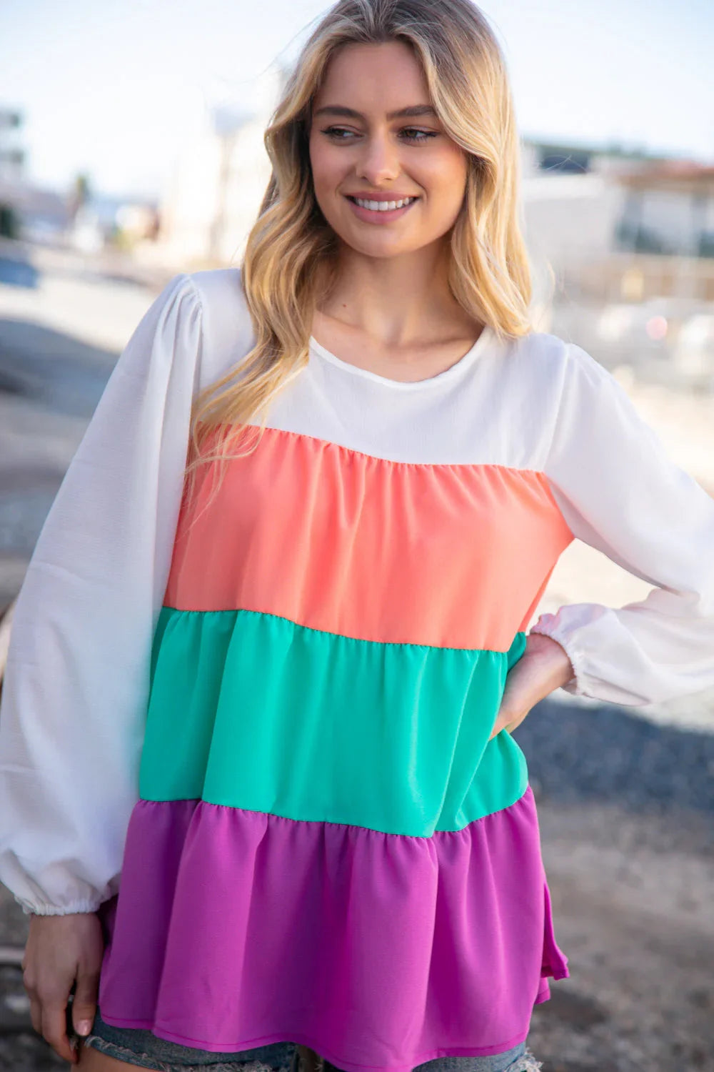 Ivory & Peach Woven Crepe Tiered Blouse | Daverri Fashions