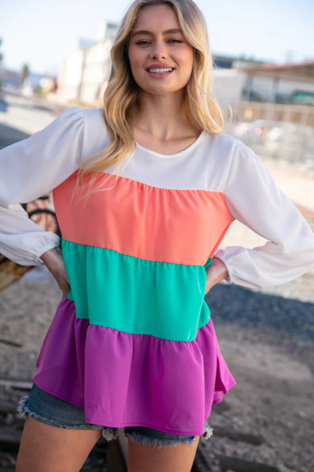 Ivory & Peach Woven Crepe Tiered Blouse | Daverri Fashions