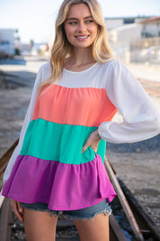 Ivory & Peach Woven Crepe Tiered Blouse | Daverri Fashions