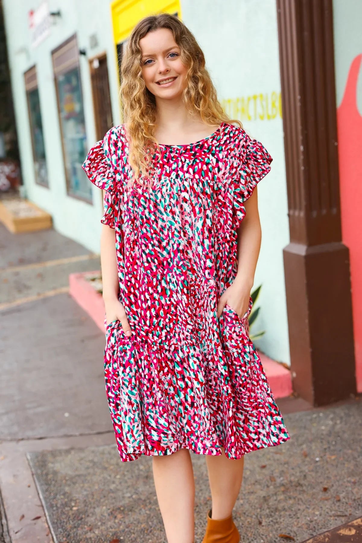 Fuchsia & Teal Abstract Dot Yoke Woven Dress | Daverri Fashions