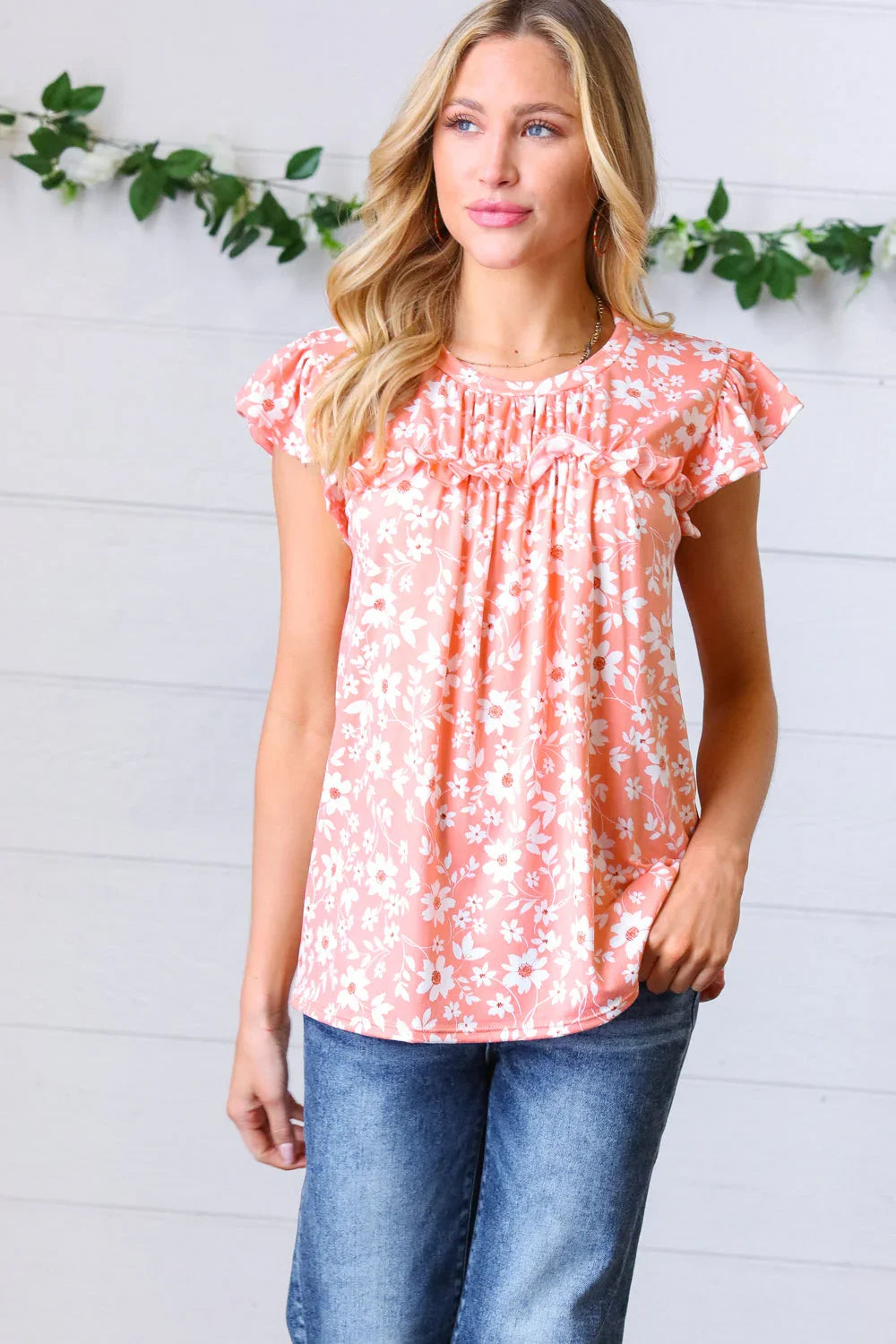 Peach Floral Print Frilled Short Sleeve Yoke Top | Daverri Fashions