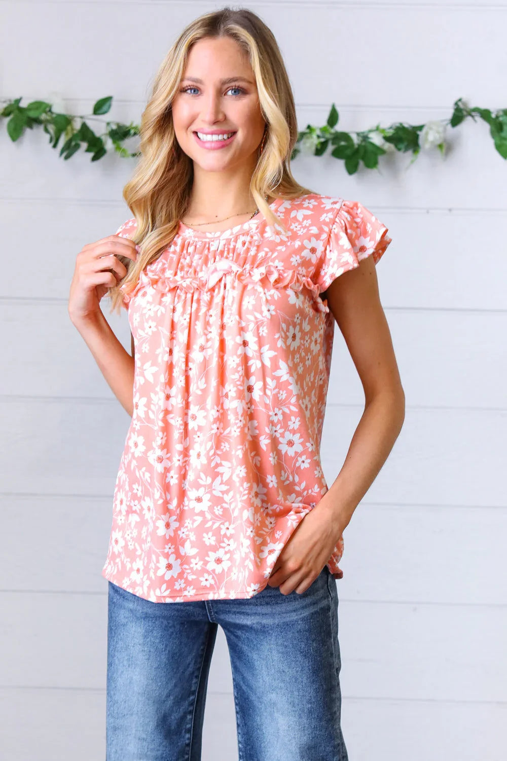 Peach Floral Print Frilled Short Sleeve Yoke Top | Daverri Fashions