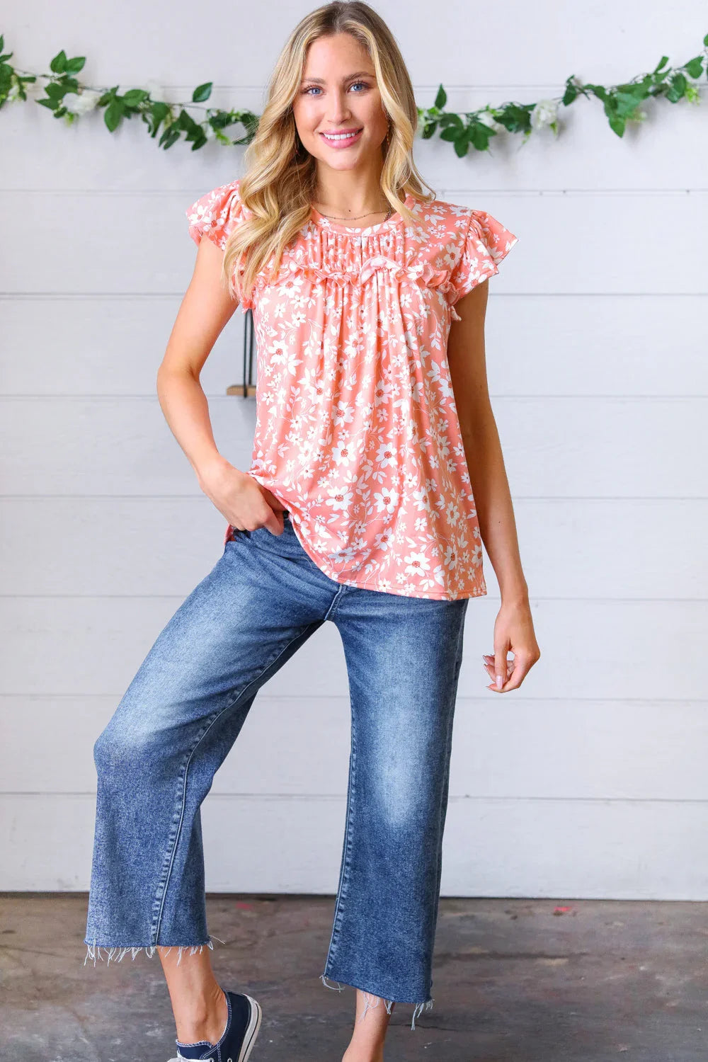 Peach Floral Print Frilled Short Sleeve Yoke Top | Daverri Fashions