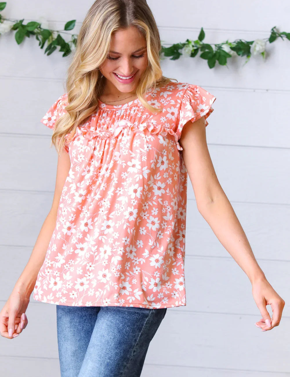 Peach Floral Print Frilled Short Sleeve Yoke Top | Daverri Fashions
