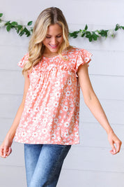 Peach Floral Print Frilled Short Sleeve Yoke Top | Daverri Fashions
