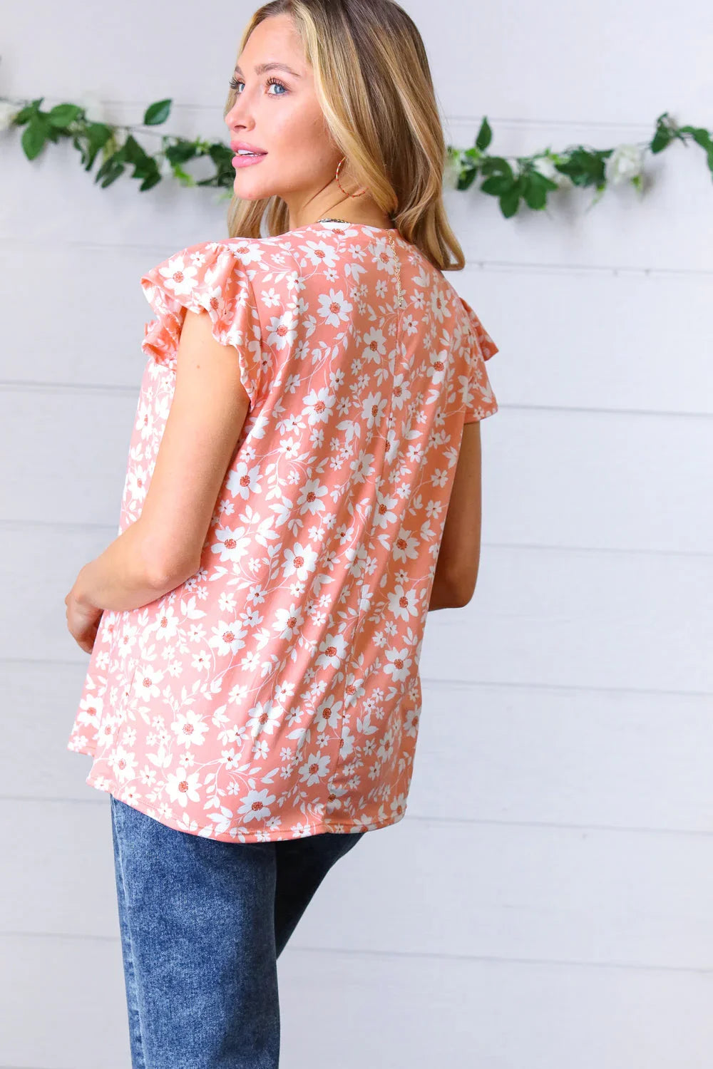 Peach Floral Print Frilled Short Sleeve Yoke Top | Daverri Fashions