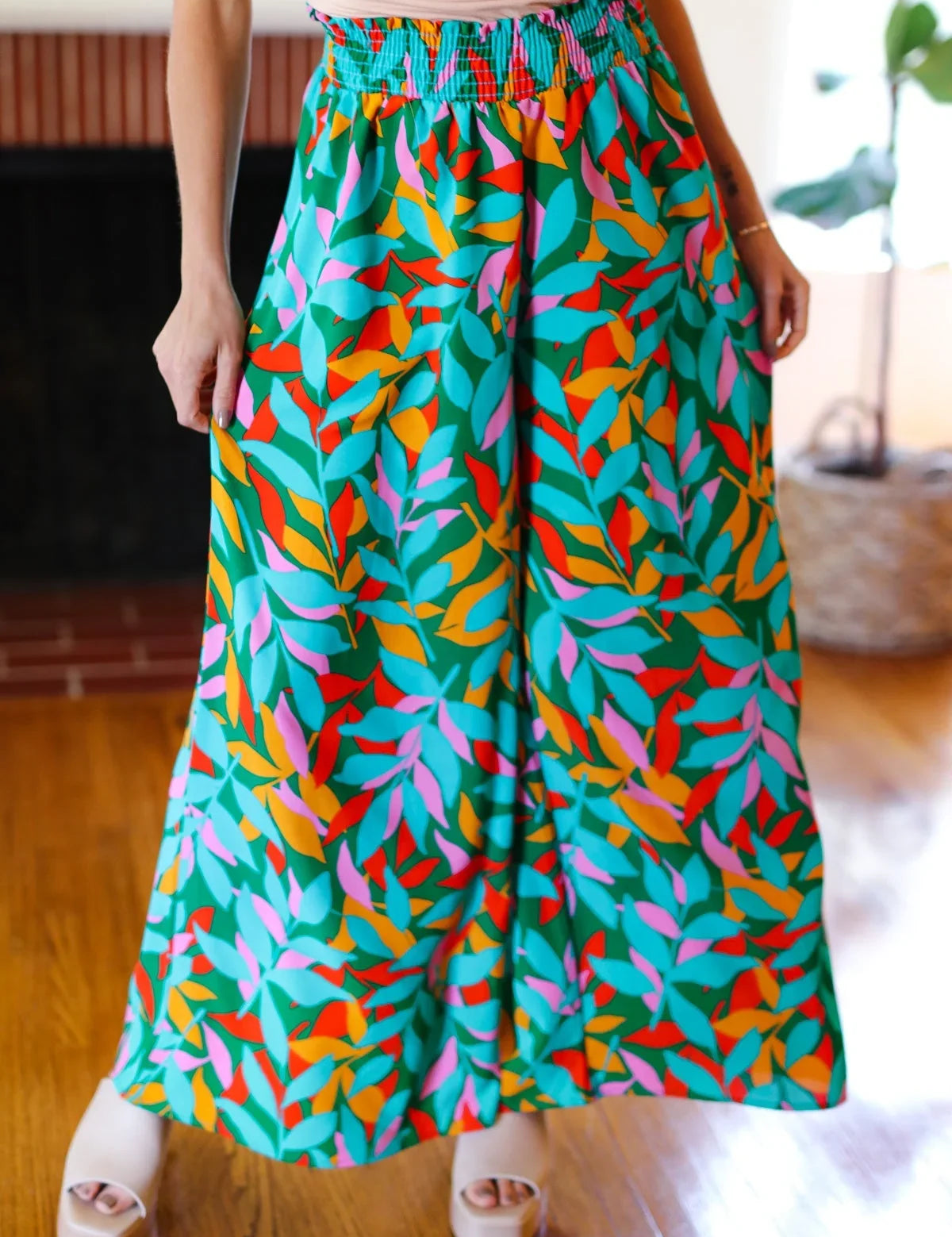 Summer Vibes Green & Orange Abstract Print Smocked Palazzo Pants | 2024 Summer Blow Out Sale Daverri Fashions