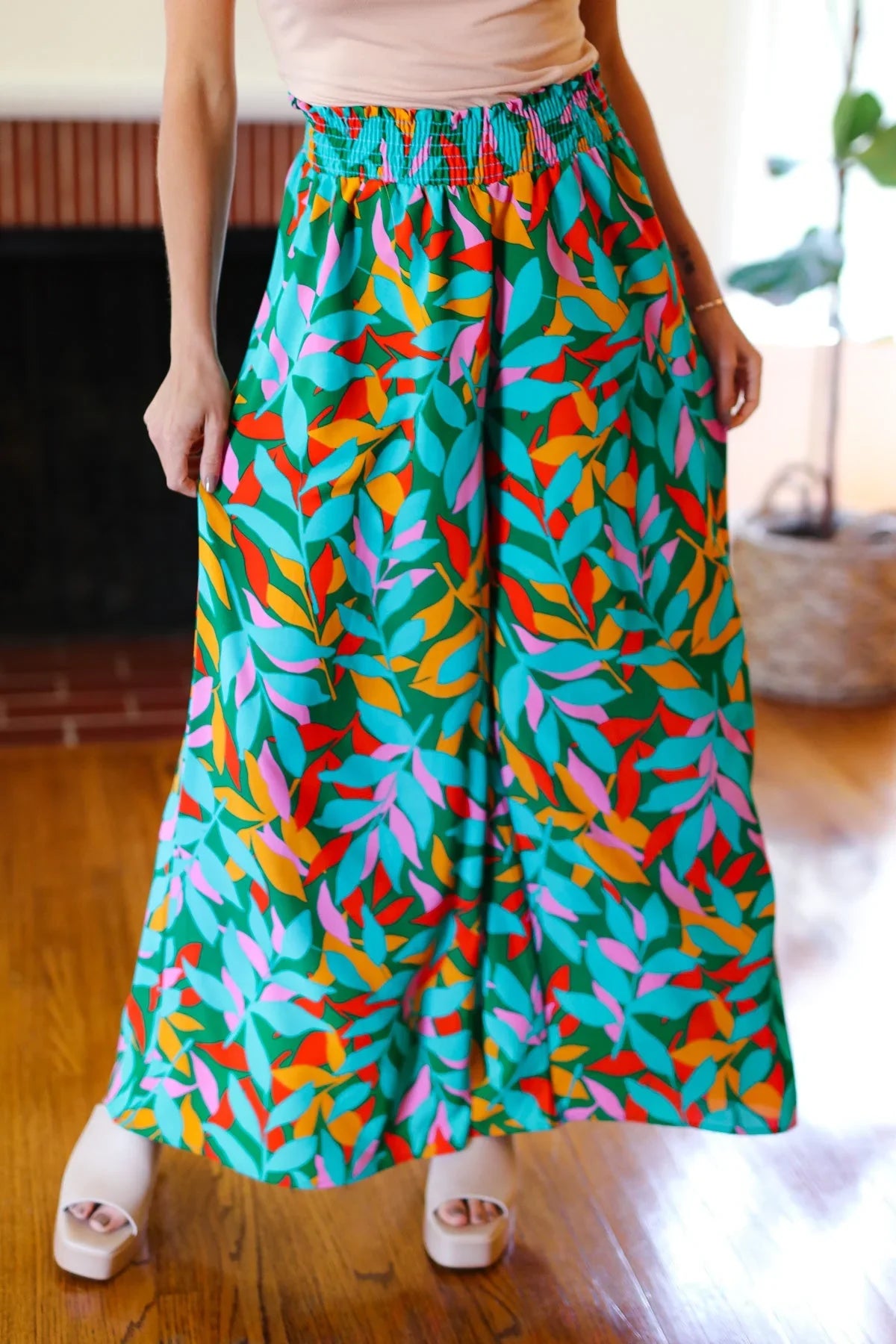 Summer Vibes Green & Orange Abstract Print Smocked Palazzo Pants | 2024 Summer Blow Out Sale Daverri Fashions