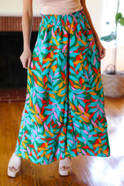 Summer Vibes Green & Orange Abstract Print Smocked Palazzo Pants | 2024 Summer Blow Out Sale Daverri Fashions