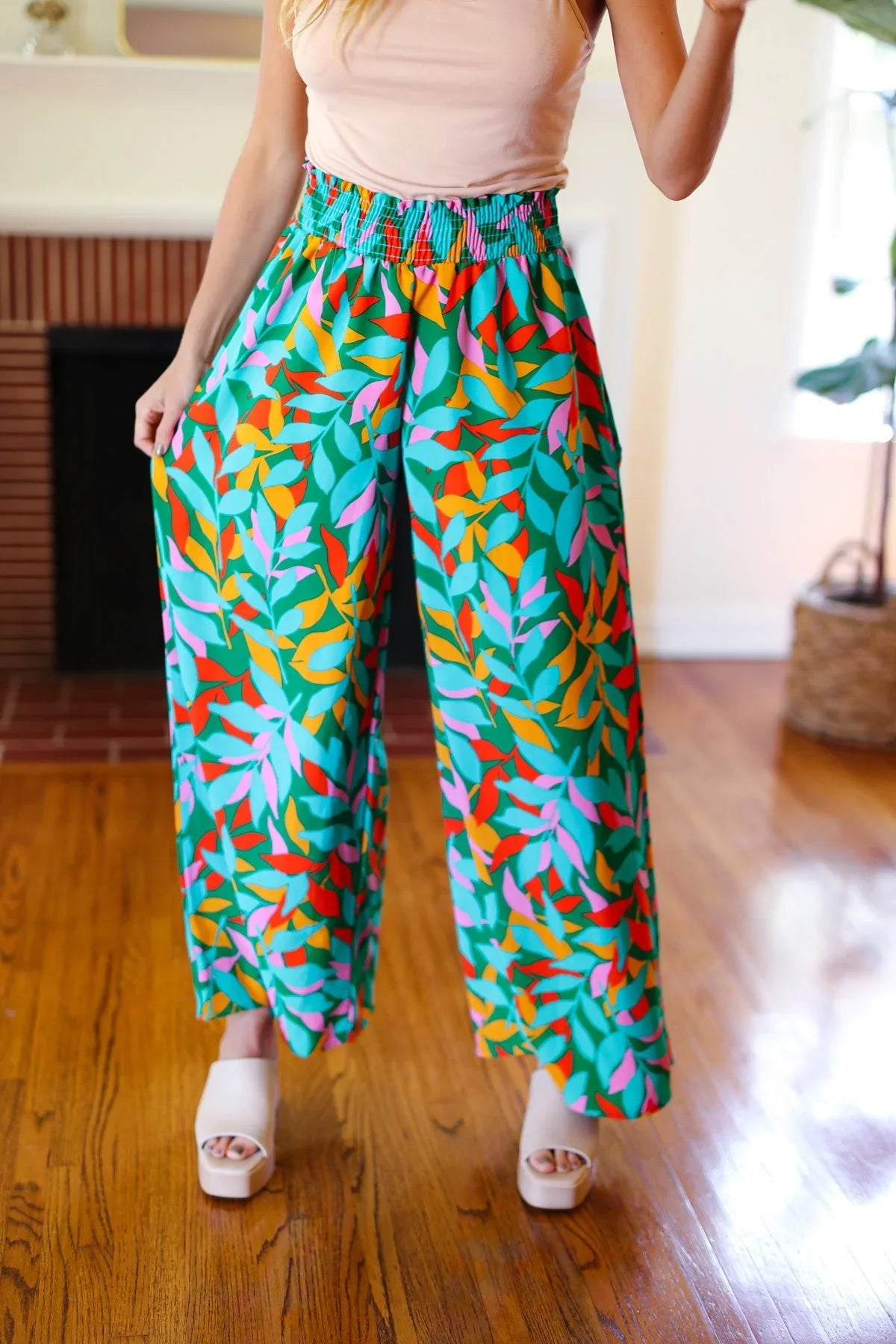 Summer Vibes Green & Orange Abstract Print Smocked Palazzo Pants | 2024 Summer Blow Out Sale Daverri Fashions