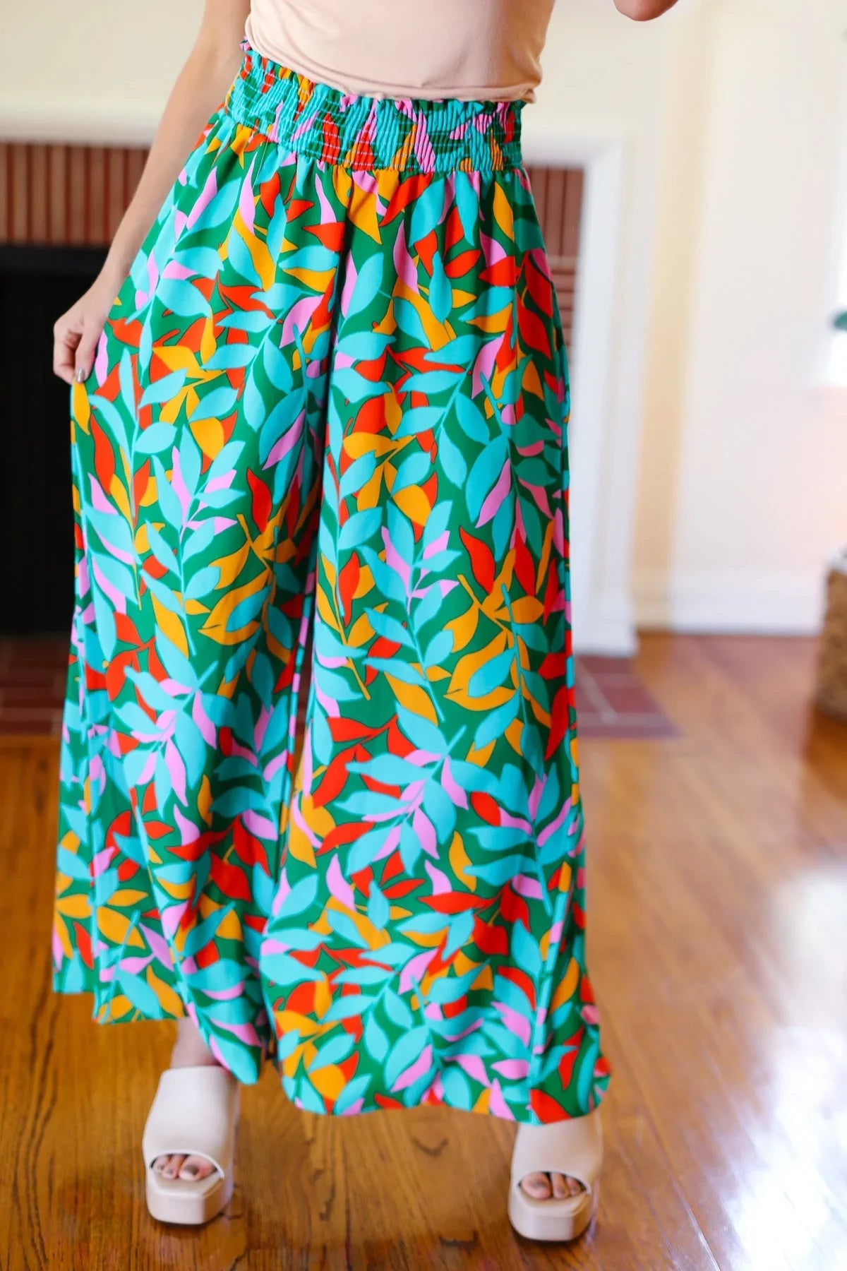 Summer Vibes Green & Orange Abstract Print Smocked Palazzo Pants | 2024 Summer Blow Out Sale Daverri Fashions
