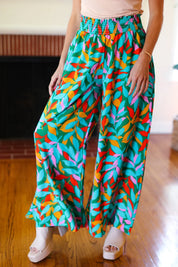 Summer Vibes Green & Orange Abstract Print Smocked Palazzo Pants | 2024 Summer Blow Out Sale Daverri Fashions