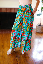 Summer Vibes Green & Orange Abstract Print Smocked Palazzo Pants | 2024 Summer Blow Out Sale Daverri Fashions