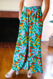 Summer Vibes Green & Orange Abstract Print Smocked Palazzo Pants | 2024 Summer Blow Out Sale Daverri Fashions