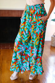 Summer Vibes Green & Orange Abstract Print Smocked Palazzo Pants | 2024 Summer Blow Out Sale Daverri Fashions
