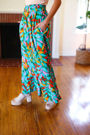 Summer Vibes Green & Orange Abstract Print Smocked Palazzo Pants | 2024 Summer Blow Out Sale Daverri Fashions