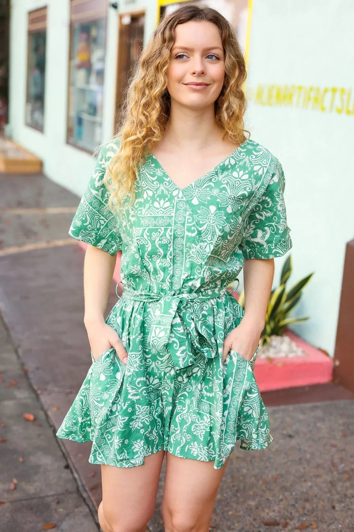 Sage Green Boho Surplice Pocketed Romper - DAVERRI FASHIONS