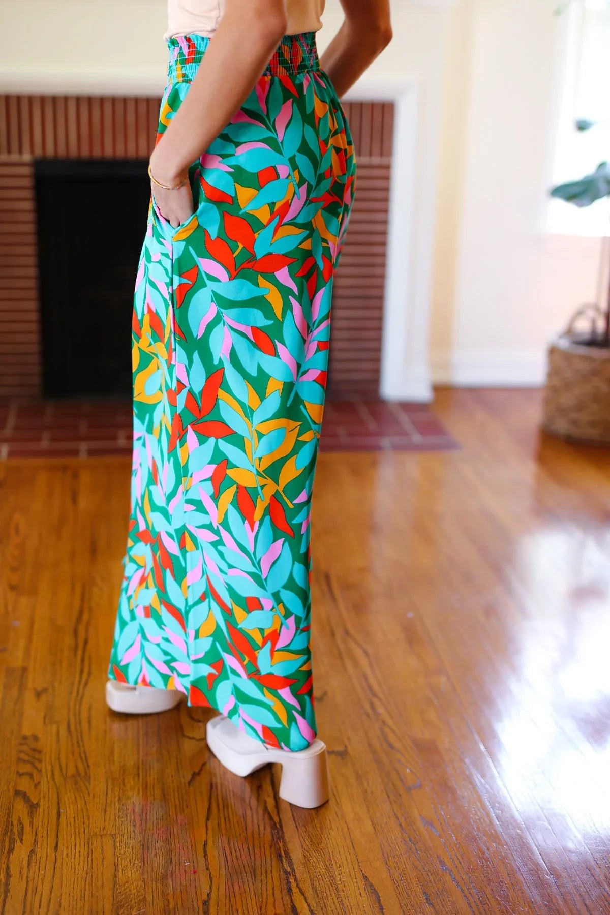 Summer Vibes Green & Orange Abstract Print Smocked Palazzo Pants | 2024 Summer Blow Out Sale Daverri Fashions