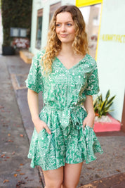 Sage Green Boho Surplice Pocketed Romper | Daverri Fashions