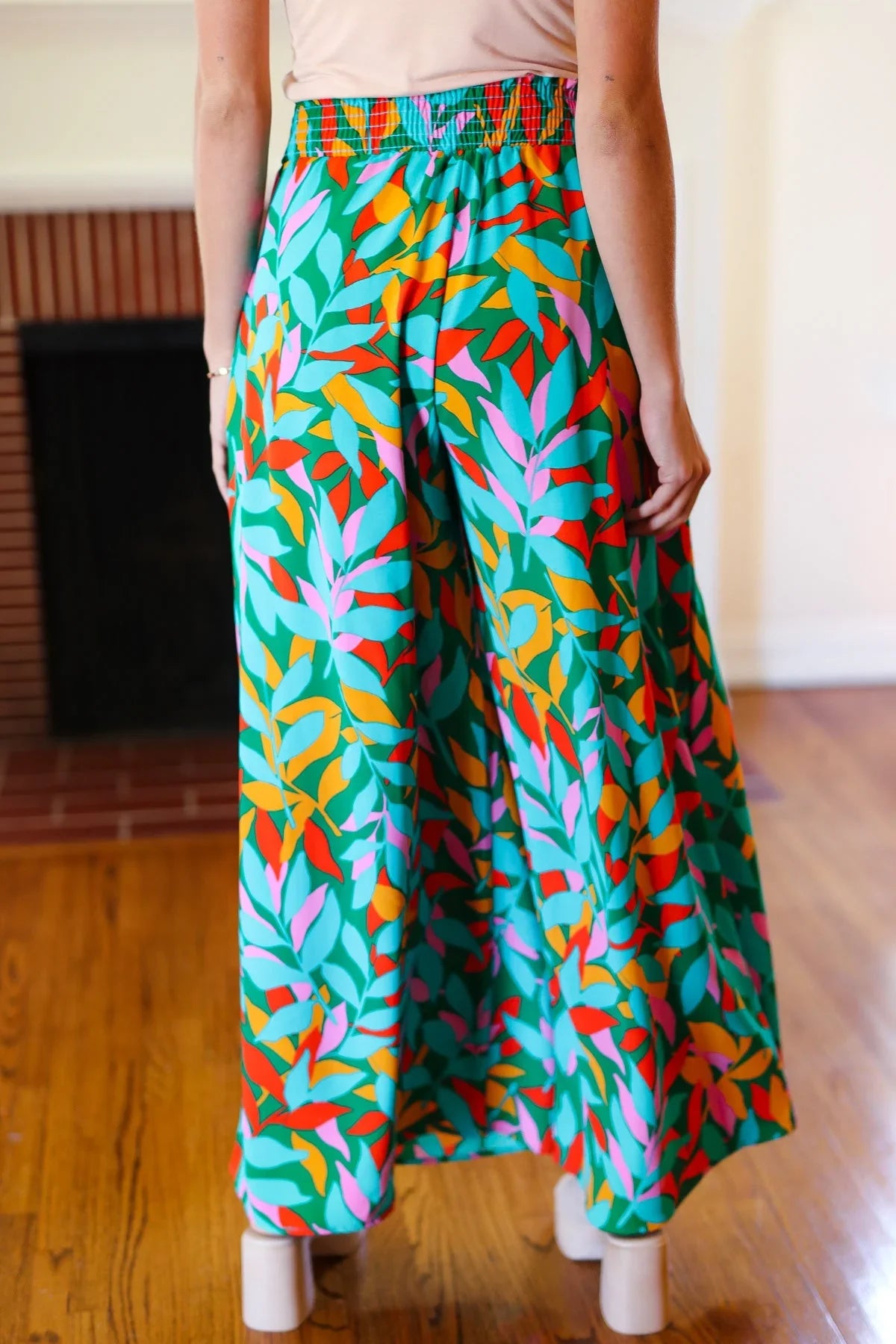 Summer Vibes Green & Orange Abstract Print Smocked Palazzo Pants | 2024 Summer Blow Out Sale Daverri Fashions