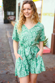 Sage Green Boho Surplice Pocketed Romper | Daverri Fashions