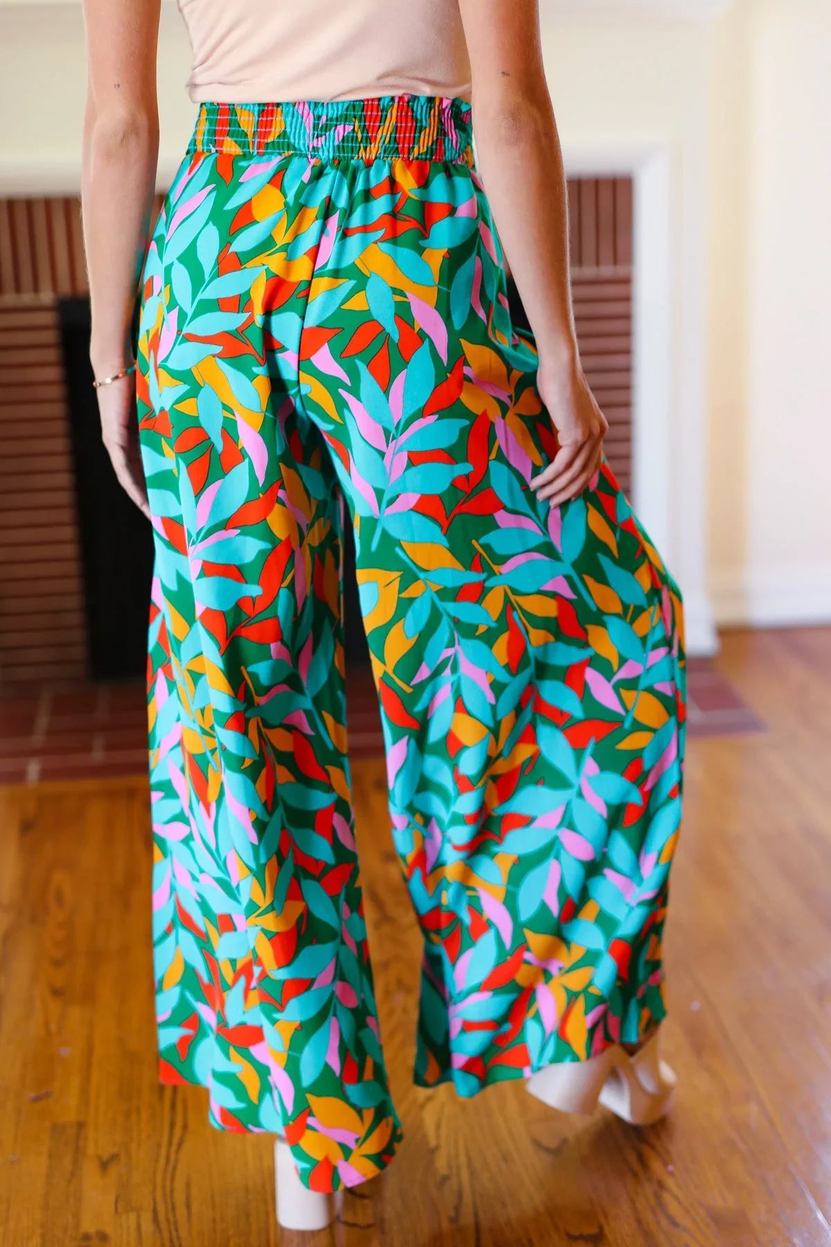 Summer Vibes Green & Orange Abstract Print Smocked Palazzo Pants | 2024 Summer Blow Out Sale Daverri Fashions