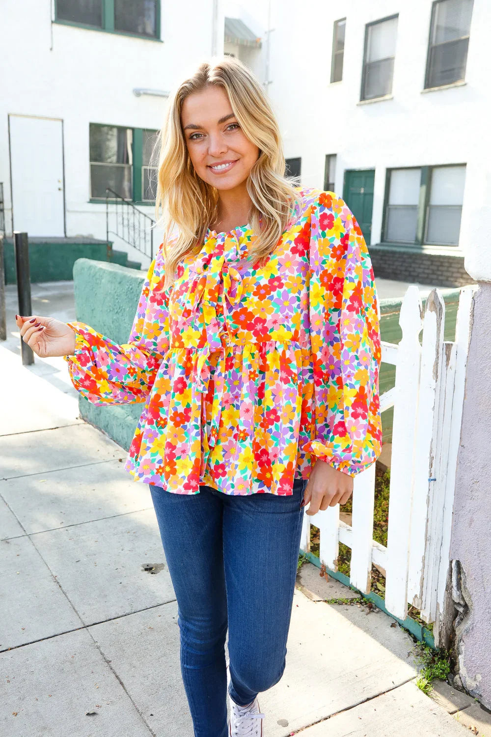 Chasing Dreams Ribbon Tie Bow Babydoll Puff Elastic Sleeve Floral Top | Daverri Fashions