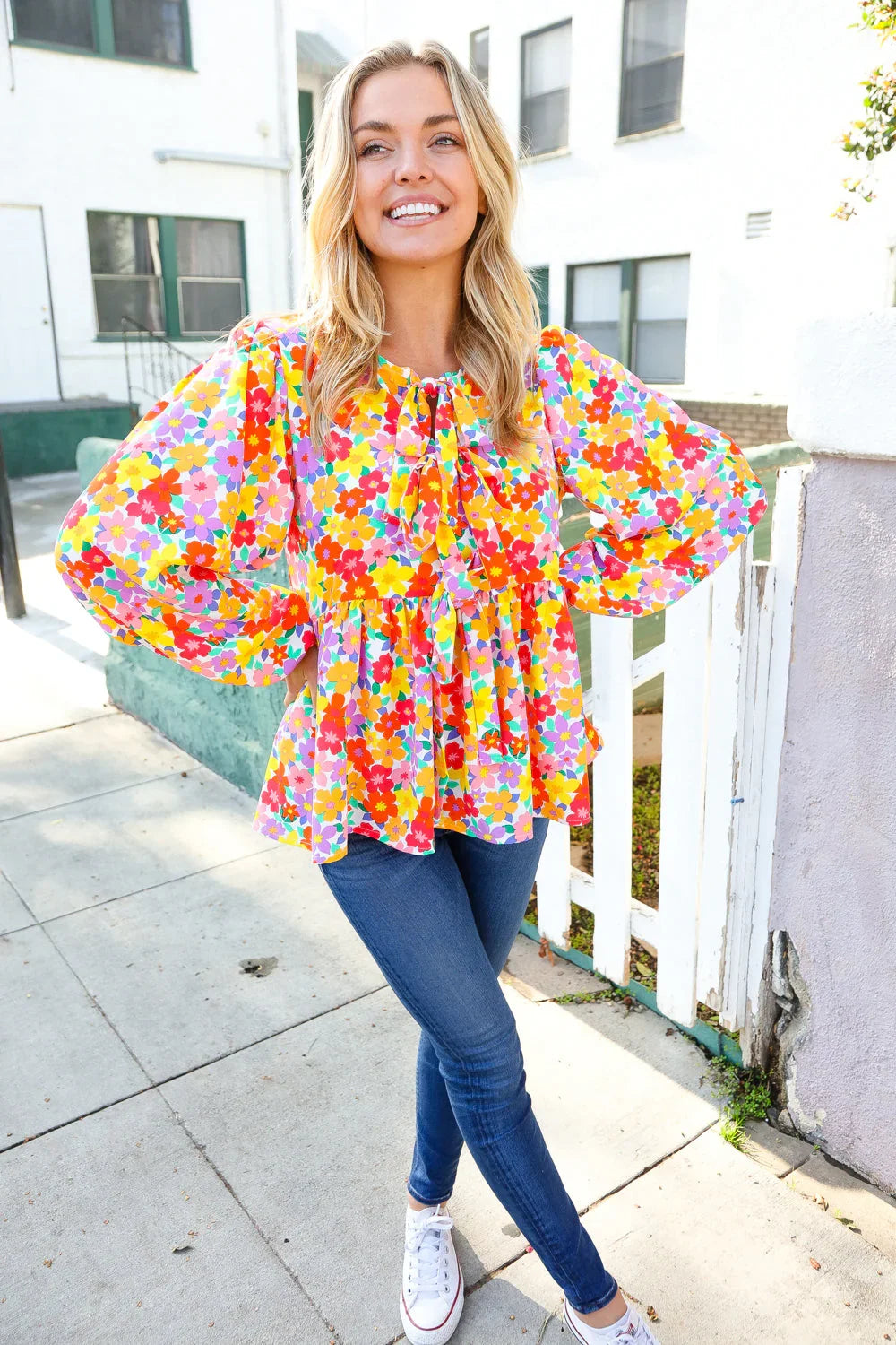 Chasing Dreams Ribbon Tie Bow Babydoll Puff Elastic Sleeve Floral Top | Daverri Fashions