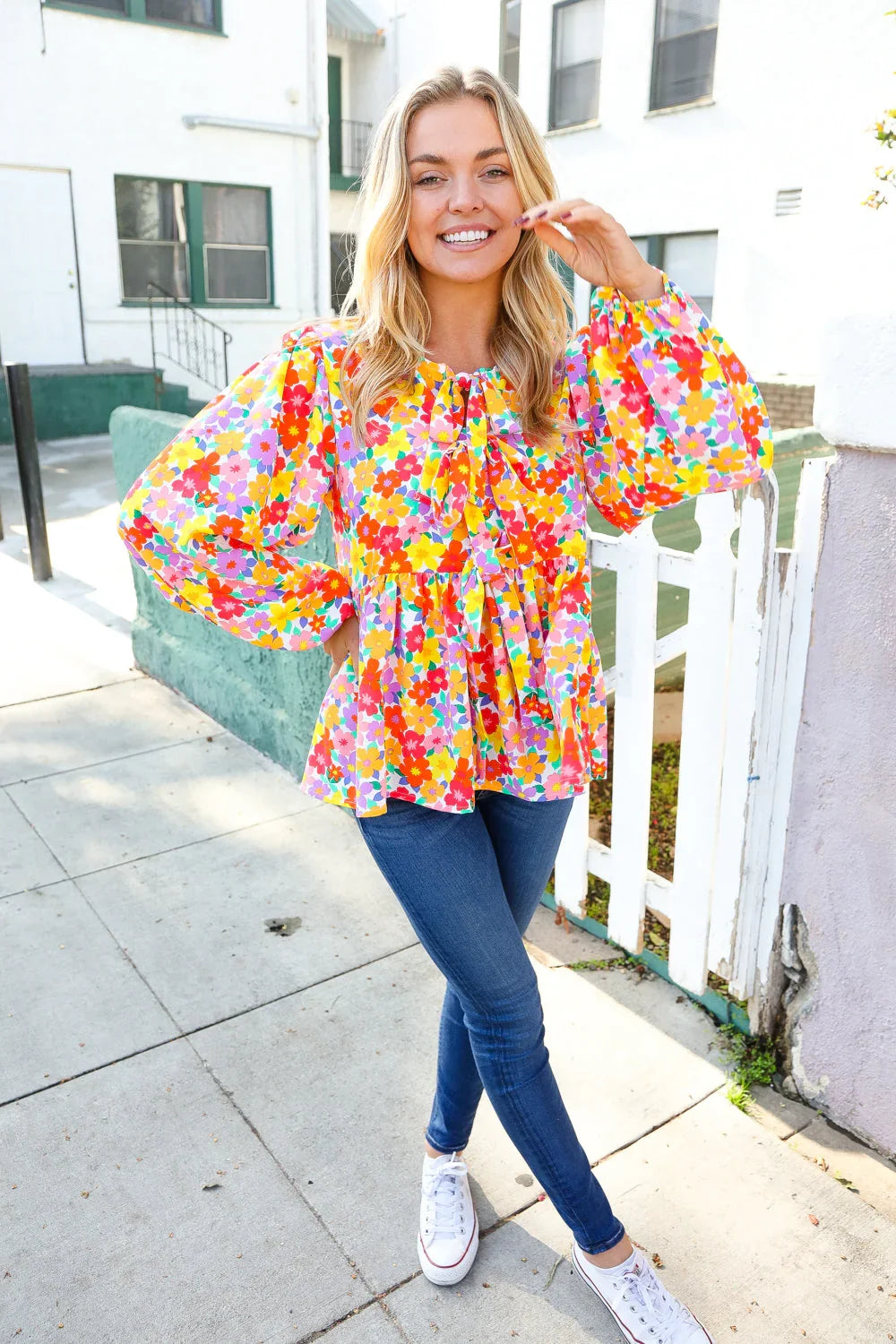 Chasing Dreams Ribbon Tie Bow Babydoll Puff Elastic Sleeve Floral Top | Daverri Fashions