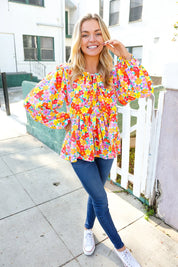 Chasing Dreams Ribbon Tie Bow Babydoll Puff Elastic Sleeve Floral Top | Daverri Fashions