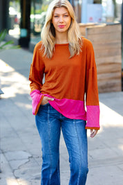 Fuchsia & Rust Color Block Hacci Top | Daverri Fashions