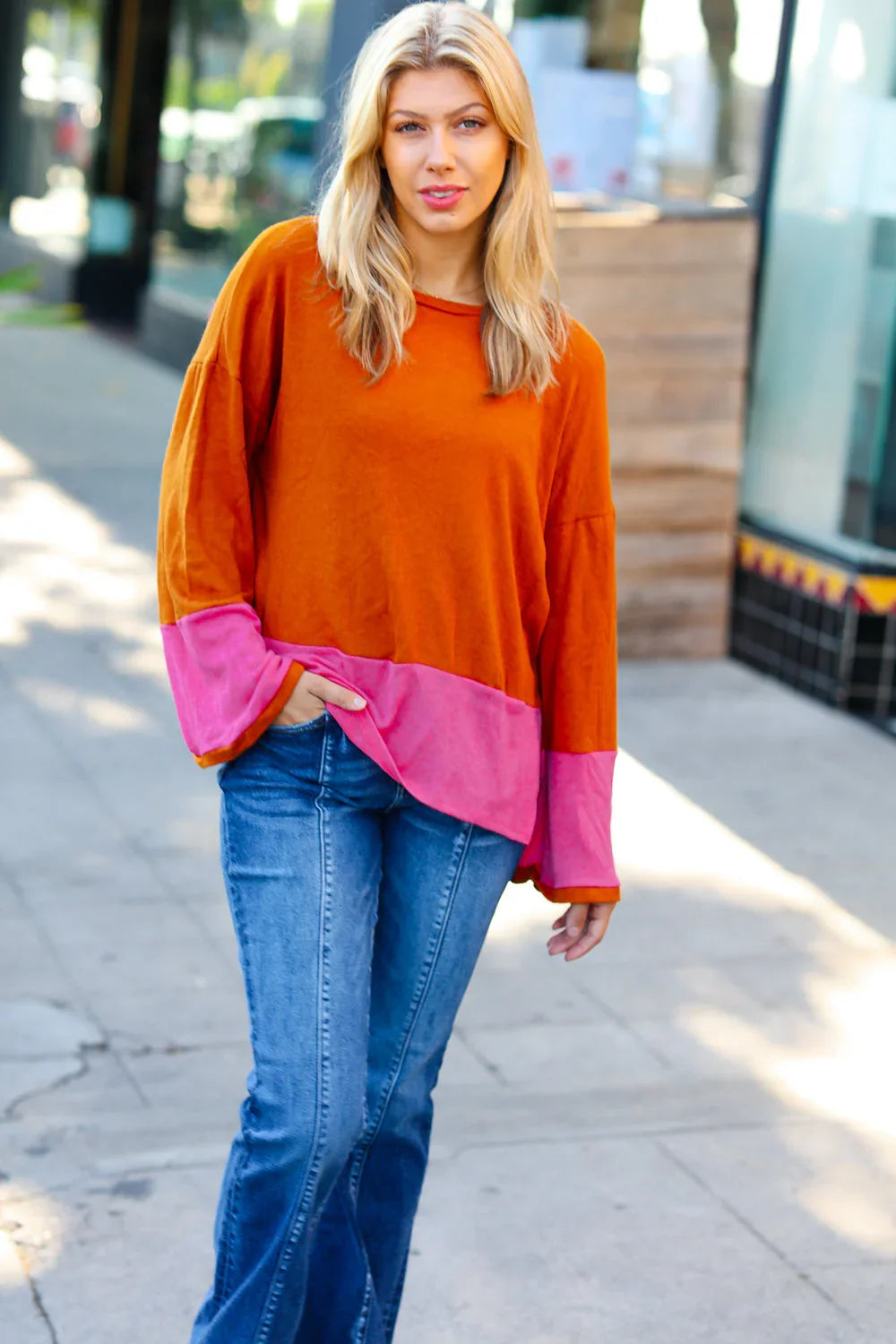 Fuchsia & Rust Color Block Hacci Top | Daverri Fashions