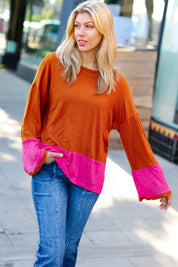 Fuchsia & Rust Color Block Hacci Top | Daverri Fashions
