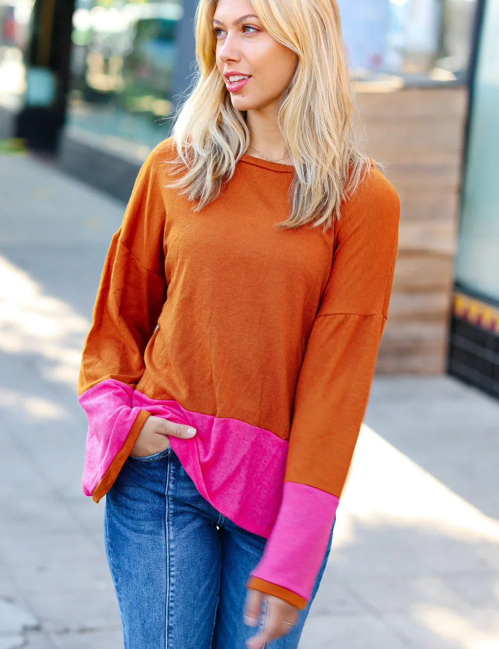 Fuchsia & Rust Color Block Hacci Top | Daverri Fashions