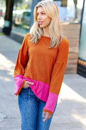 Fuchsia & Rust Color Block Hacci Top | Daverri Fashions