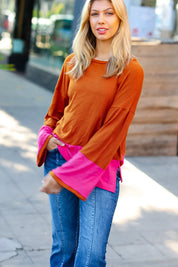 Fuchsia & Rust Color Block Hacci Top | Daverri Fashions