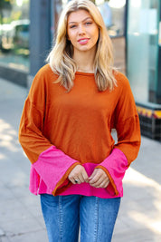 Fuchsia & Rust Color Block Hacci Top | Daverri Fashions